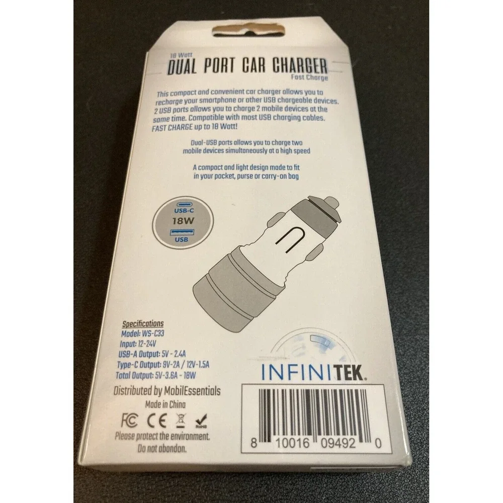 InfiniTek 18W Car Charger USB C Type-C Dual Ports Fast Charging Adapter Kit
